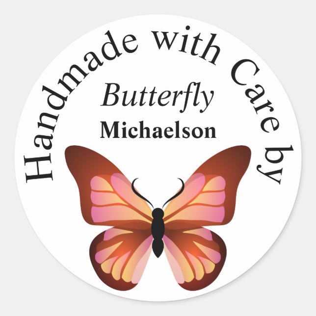 Adesivo Redondo Borboleta Cor-de-rosa laranja e nome personalizado (Frente)