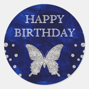 Adesivo Redondo Borboleta de Aniversário em Acrílico Azul e Glitte