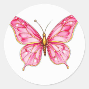 Adesivo Redondo Borboleta de Aquarela rosa e Dourada