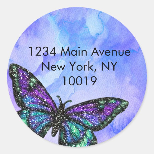 Adesivo Redondo Borboleta de Endereço de Retorno Roxo e Azul Pinta (Frente)