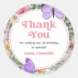 Adesivo Redondo Borboleta de Flor Selvagem Aniversário Obrigado