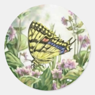 Adesivo Redondo Borboleta de Swallowtail na pintura dos miosótis
