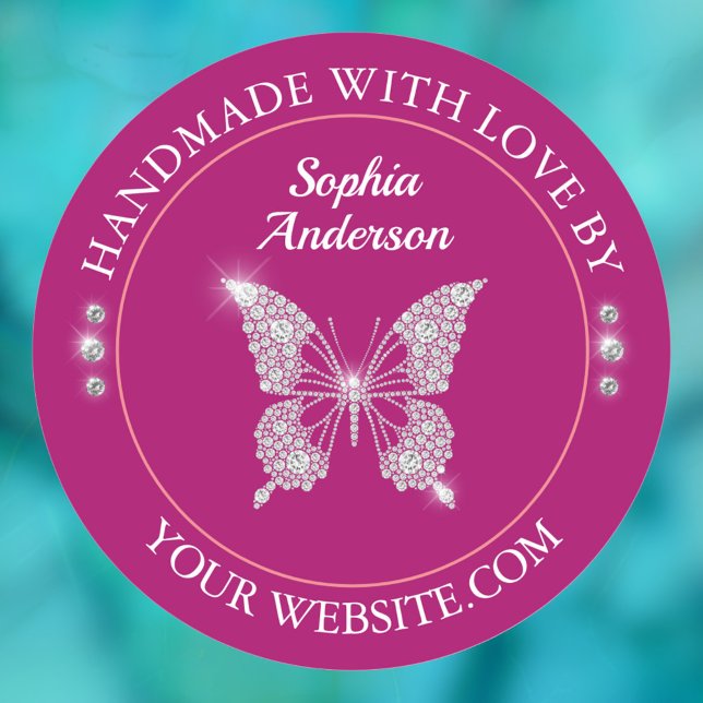 Adesivo Redondo Borboleta Diamante, Feita À Mão Com Amor, Profundo (Criador carregado)