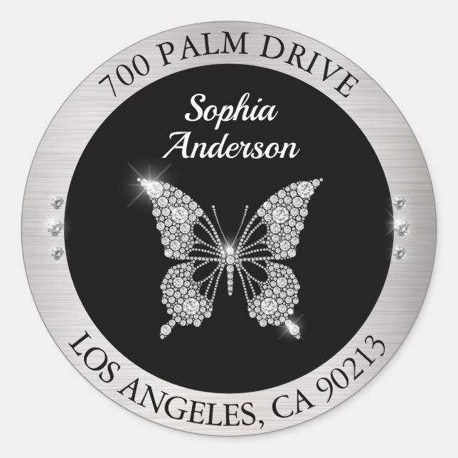 Adesivo Redondo Borboleta Diamante, Selos de Endereço de Devolução (Frente)