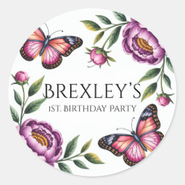 Adesivo Redondo Borboleta e Meninas Peony 1rua. Festa de aniversár