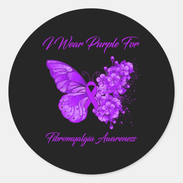 Adesivo Redondo Borboleta Eu Visto Roxo Para Conhecer Fibromialgia (Frente)