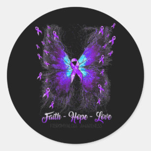Adesivo Redondo Borboleta Fé Esperança Ama Fibromialgia Consciênci