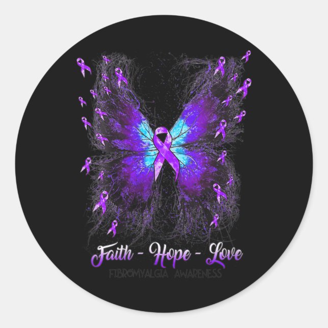 Adesivo Redondo Borboleta Fé Esperança Ama Fibromialgia Consciênci (Frente)