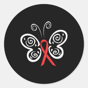Adesivo Redondo Borboleta Fita Vermelha Câncer de Sangue Hiv Aids 