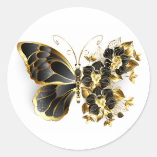 Adesivo Redondo Borboleta Flor de Ouro com Orquídea Preta