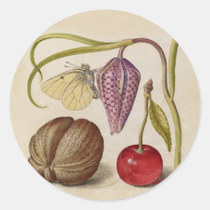 Adesivo Redondo Borboleta Flor e cereja Aquarela