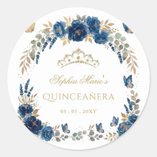 Adesivo Redondo Borboleta Floral Tiara Azul Dourada Quinceañera