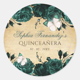 Adesivo Redondo Borboleta Floral Verde Esmeralda Rústica Vintage