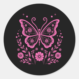 Adesivo Redondo Borboleta Monarca Flor Exótico Cancer da Mama Awar