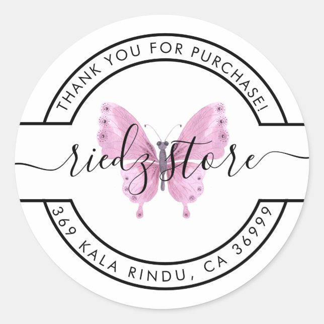Adesivo Redondo Borboleta Obrigado Compre (Frente)