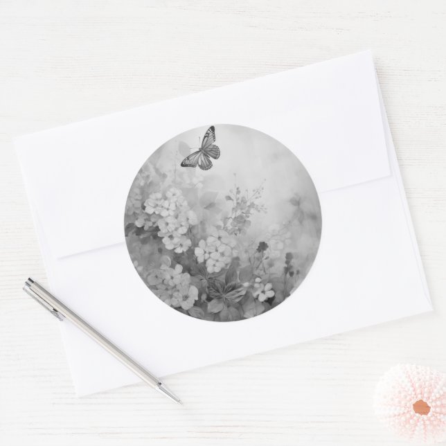 Adesivo Redondo Borboleta Preta e Branca (Envelope)