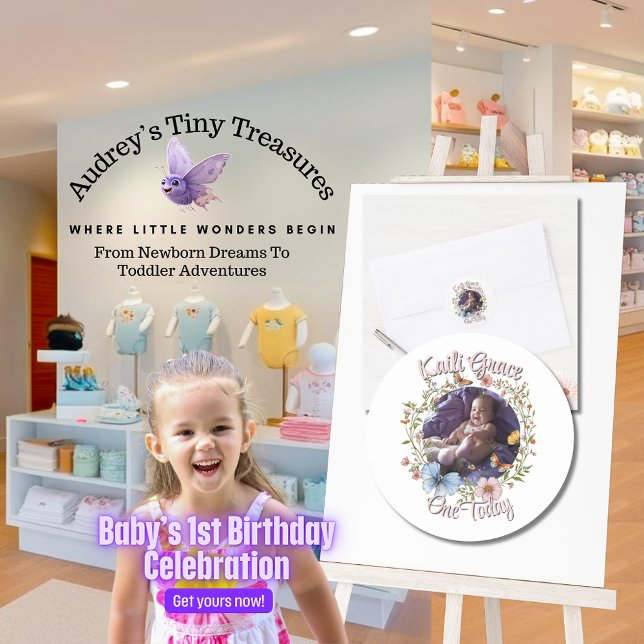 Adesivo Redondo Borboleta Primavera primeiro aniversario de menina (Criador carregado)