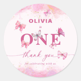 Adesivo Redondo Borboleta primeiro aniversario Rosa Dourada Poeira