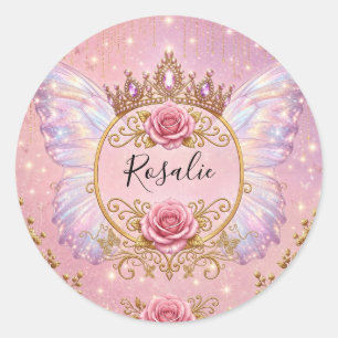 Adesivo Redondo Borboleta Princesa Fada Floral Rosa e Dourada