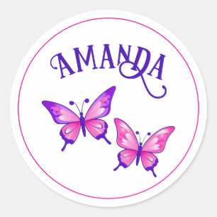 Adesivo Redondo Borboleta Púrpura e Rosa Duo com Nome