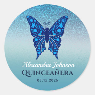 Adesivo Redondo Borboleta Quinceañera Brilho Azul