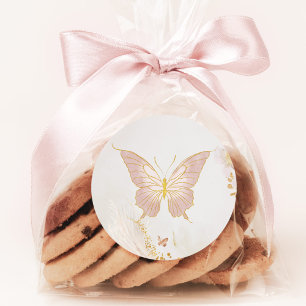 Adesivo Redondo Borboleta rosa com brilho dourado