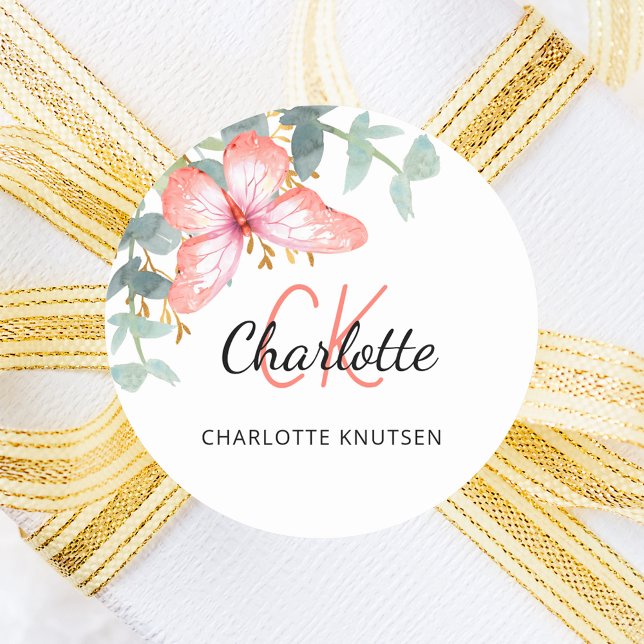 Adesivo Redondo Borboleta rosa dourado pêssego verde obrigada (Criador carregado)