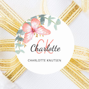 Adesivo Redondo Borboleta rosa dourado rosa greenery obrigado