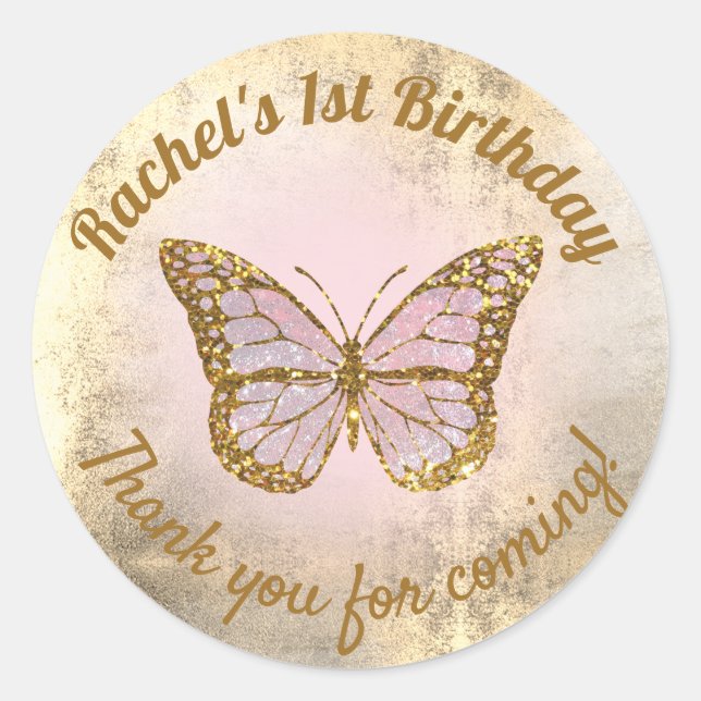 Adesivo Redondo Borboleta rosa obrigado você para vir (Frente)