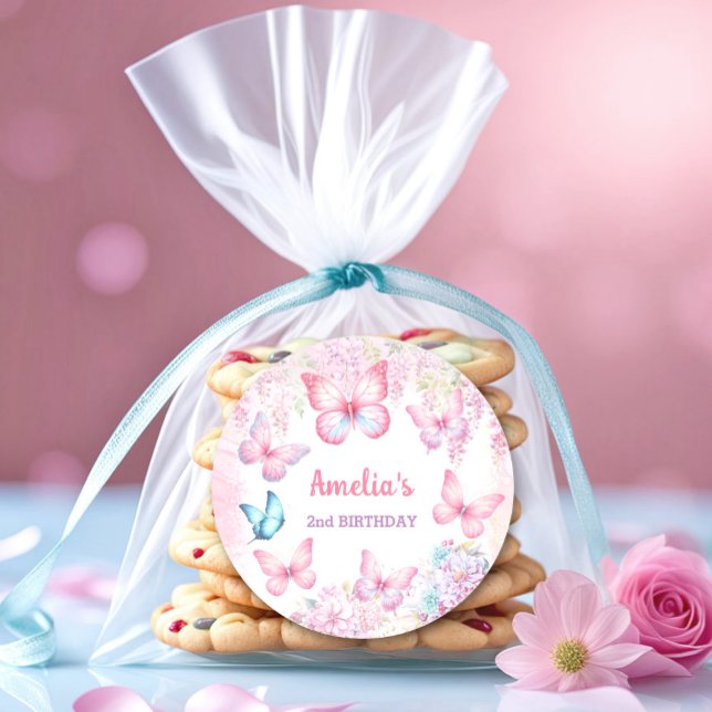 Adesivo Redondo Borboleta Rosa Púrpura Floral de Verão, Aniversári (Butterfly Pink Purple Floral Summer Girl Birthday Classic Round Sticker)