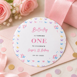 Adesivo Redondo Borboleta Rosa Roxa Fofa Aniversário de 1 Ano para