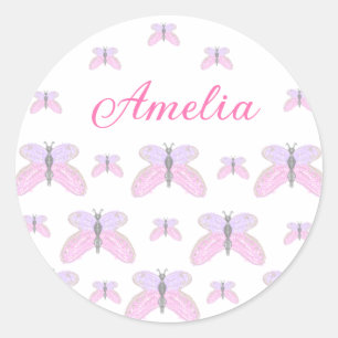 Adesivo Redondo Borboleta rosada roxa rosa adiciona nome e letra d