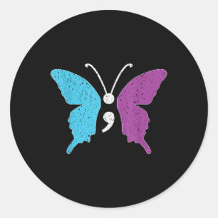 Adesivo Redondo Borboleta Semicolon Púrpura &amp; Suicídio Teal An