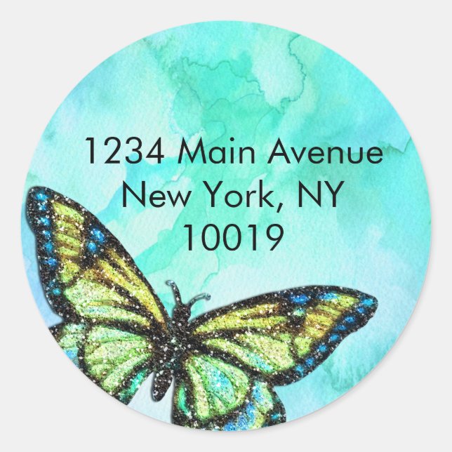 Adesivo Redondo Borboleta Turquosie de Endereço de Devolução Pinta (Frente)