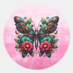 Adesivo Redondo Borboleta-vara com engrenagens e flores