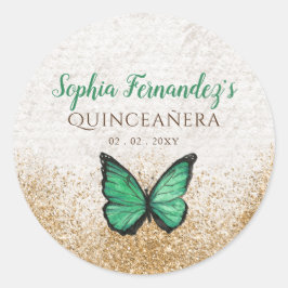 Adesivo Redondo Borboleta Verde Esmeralda Rústica Vintage a Ouro