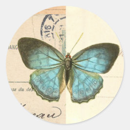 Adesivo Redondo Borboleta Vintage em vinheta azul-bela de moda