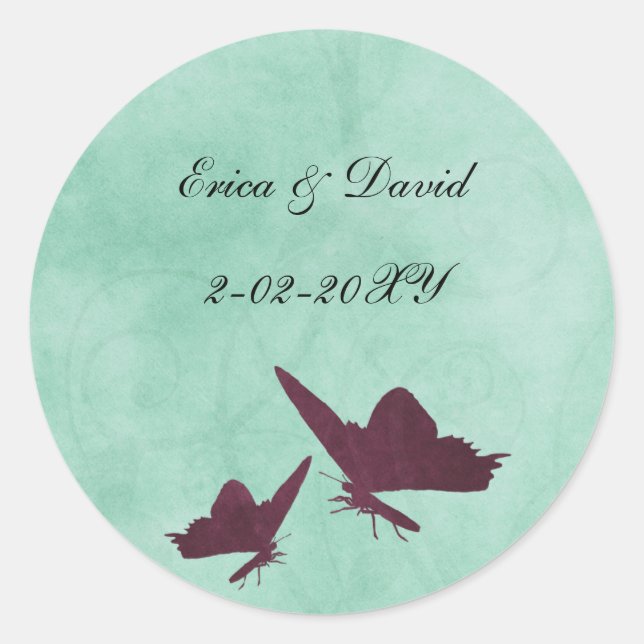 Adesivo Redondo borboletas aqua e de ameixa envolvem selas (Frente)