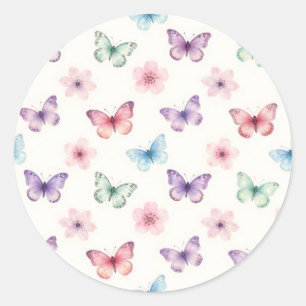 Adesivo Redondo Borboletas Aquarela Padrão Flores de Cerejeira