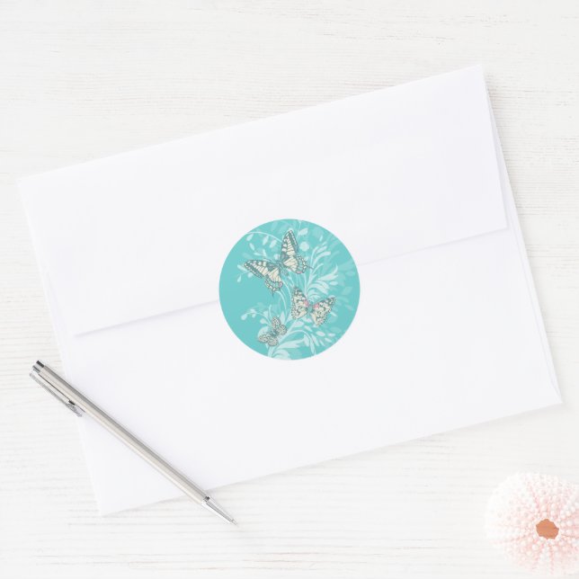 Adesivo Redondo Borboletas arte e damask aqua teal (Envelope)