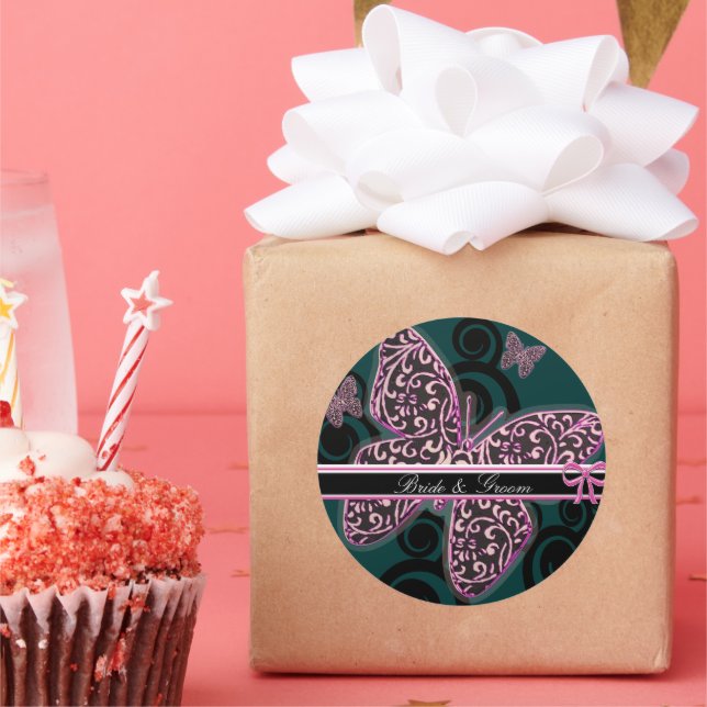 Adesivo Redondo Borboletas Brilhantes Borboletas Roxo Preto Branco (Festa)