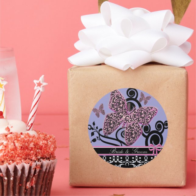 Adesivo Redondo Borboletas Brilhantes e Altas Inclinam Preto e Bra (Festa)