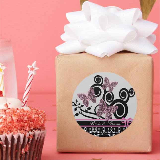 Adesivo Redondo Borboletas Brilhantes e Altas Inclinam Preto e Bra (Festa)