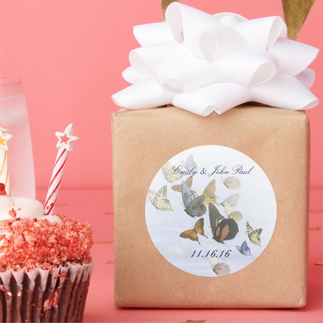 Adesivo Redondo Borboletas Brilhantes e Grossistas Inclinam Marinh (Festa)