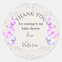 Adesivo Redondo Borboletas Céus Rosa Confete Prata Obrigado