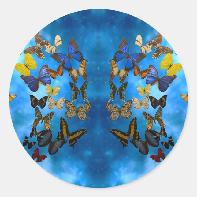 Adesivo Redondo Borboletas Coloridas Voando Sobre Túmulo Azul (Frente)