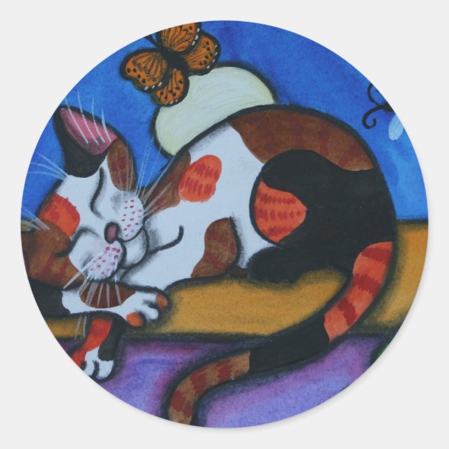 Adesivo Redondo Borboletas de Gato Dormindo e Dragões (Frente)