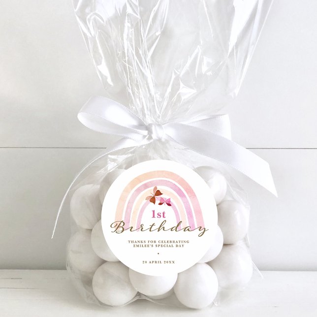 Adesivo Redondo Borboletas do Arco-Íris Aniversário Pink Rosa Obri (Criador carregado)