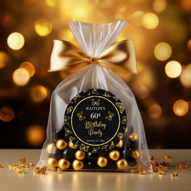 Adesivo Redondo Borboletas Douradas Elegantes Pretas 60ª Festa de  (Elegant Black and Faux Gold Glitter Butterflies 60th Birthday Party Classic Round Stickers)