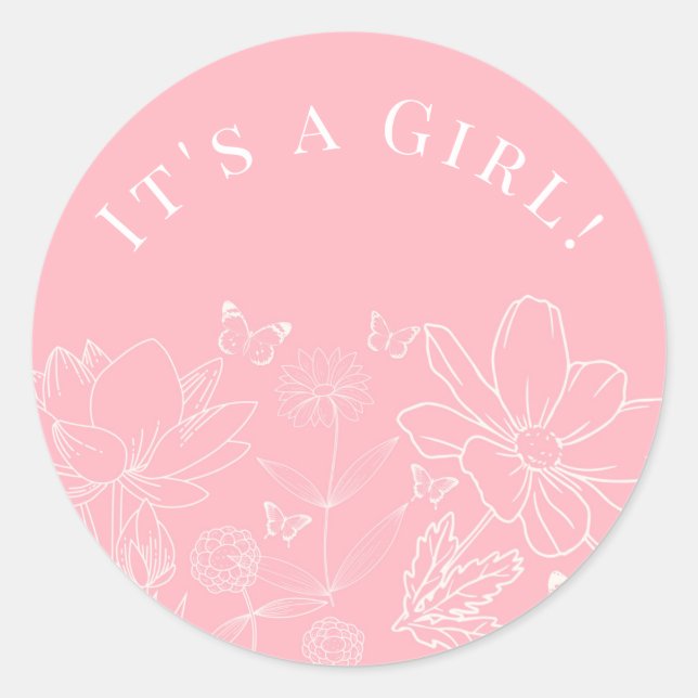 Adesivo Redondo Borboletas e Chá de fraldas de Garota Branca Rosa  (Frente)